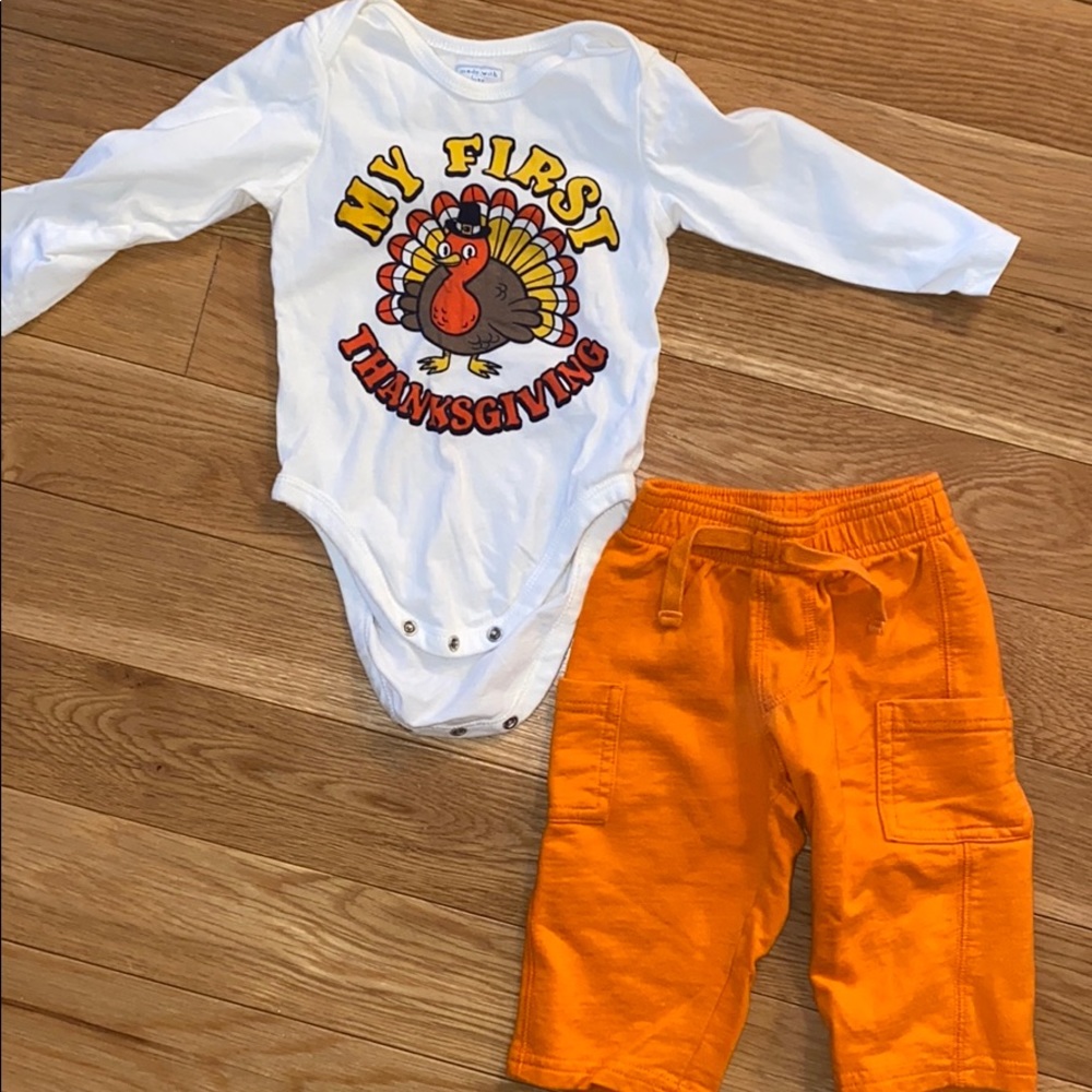 My first thanksgiving onesie & orange pants 9/12mo